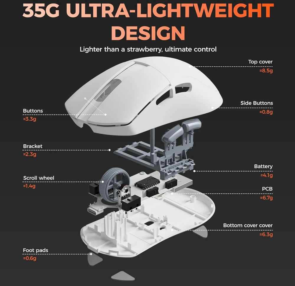 DAREU belaidė žaidimų pelė A950 WING, 30 000 DPI, 8K Hz, 35 g