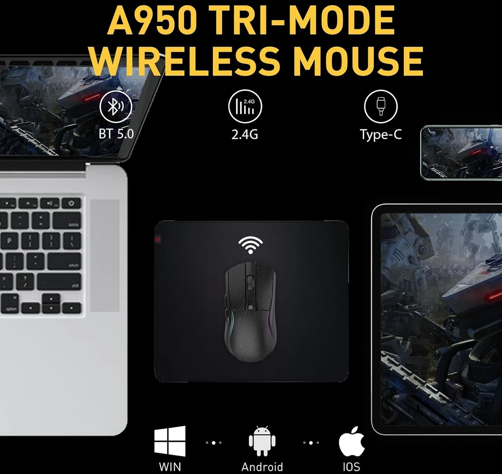 DAREU belaidė žaidimų pelė su įkrovimo stotele RGB, 12000 DPI, 1000 Hz A950-BK