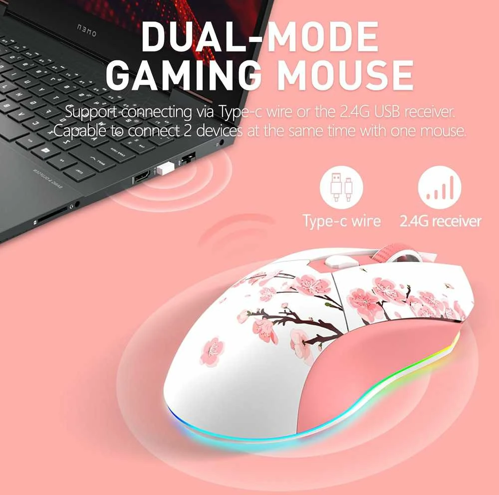 DAREU EM901X-PK belaidė žaidimų pelė, 12000 DPI, 1000 Hz, rožinė, su įkrovimo stotele