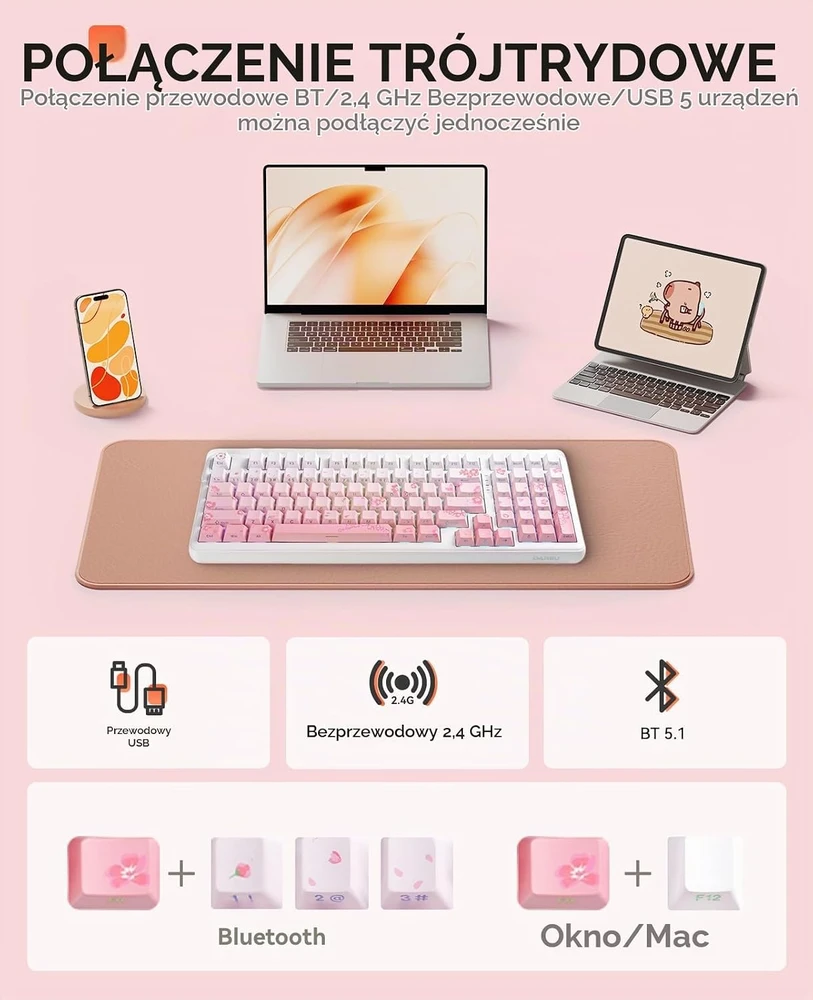 DAREU mechaninė klaviatūra su Bluetooth, 2,4 GHz, USB-C, RGB ir 98 klavišais Ek98pro