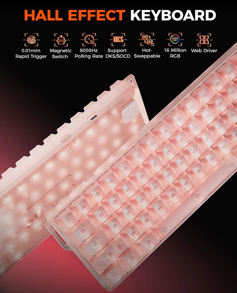 DAREU mechaninė žaidimų klaviatūra 60 %, Hall efekto jungikliai, 8 kHz, COOL60-PK