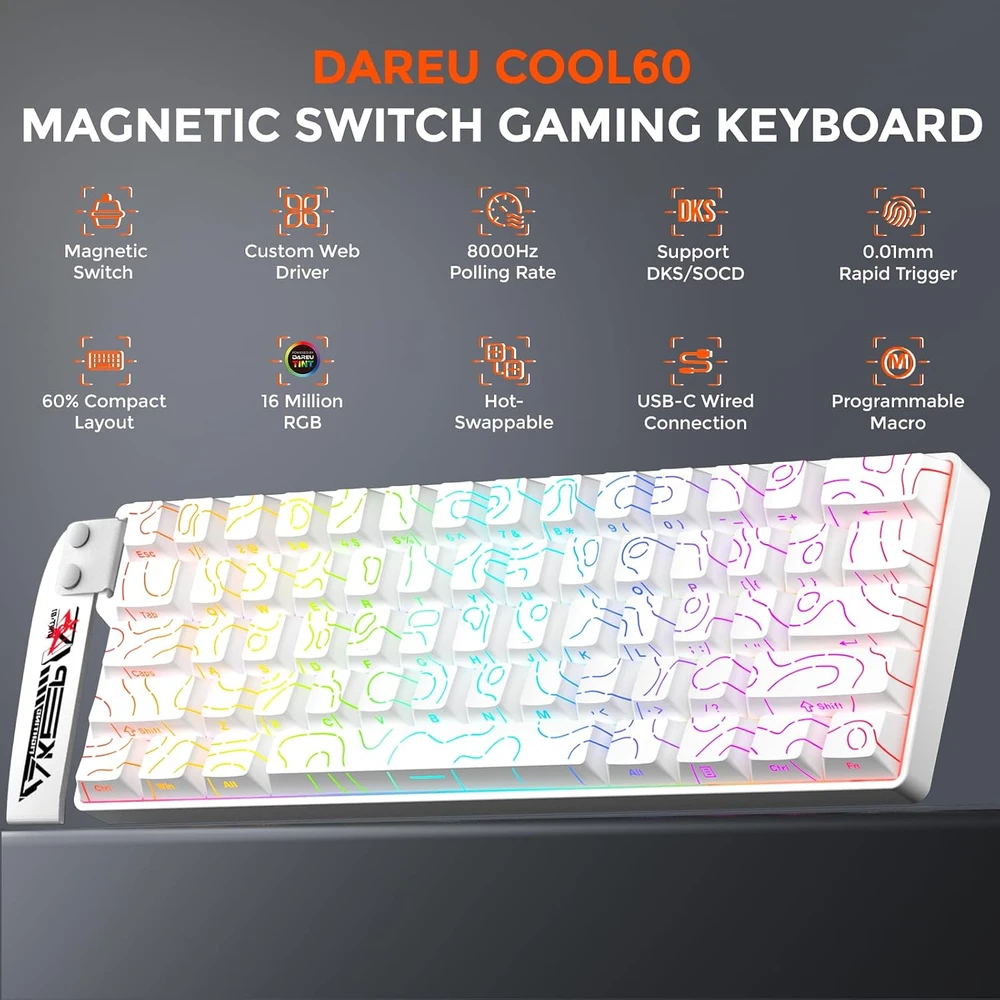 DAREU mechaninė žaidimų klaviatūra 60% su magnetiniais jungikliais, 8000 Hz, COOL60-WH