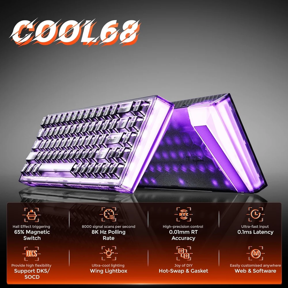 DAREU mechaninė žaidimų klaviatūra su Hall Effect jungikliais, 8000 Hz, COOL68-BK