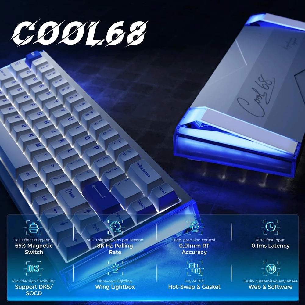 DAREU žaidimų klaviatūra COOL68-BW, 68 klavišai, magnetiniai jungikliai, 8000 Hz