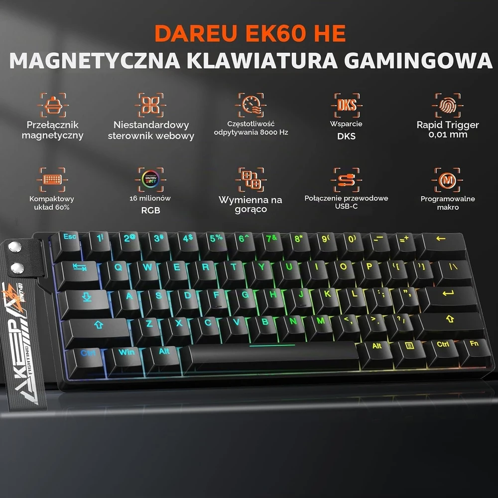 DAREU žaidimų klaviatūra su Hall efekto jungikliais, 8 kHz, EK60 HE-BK