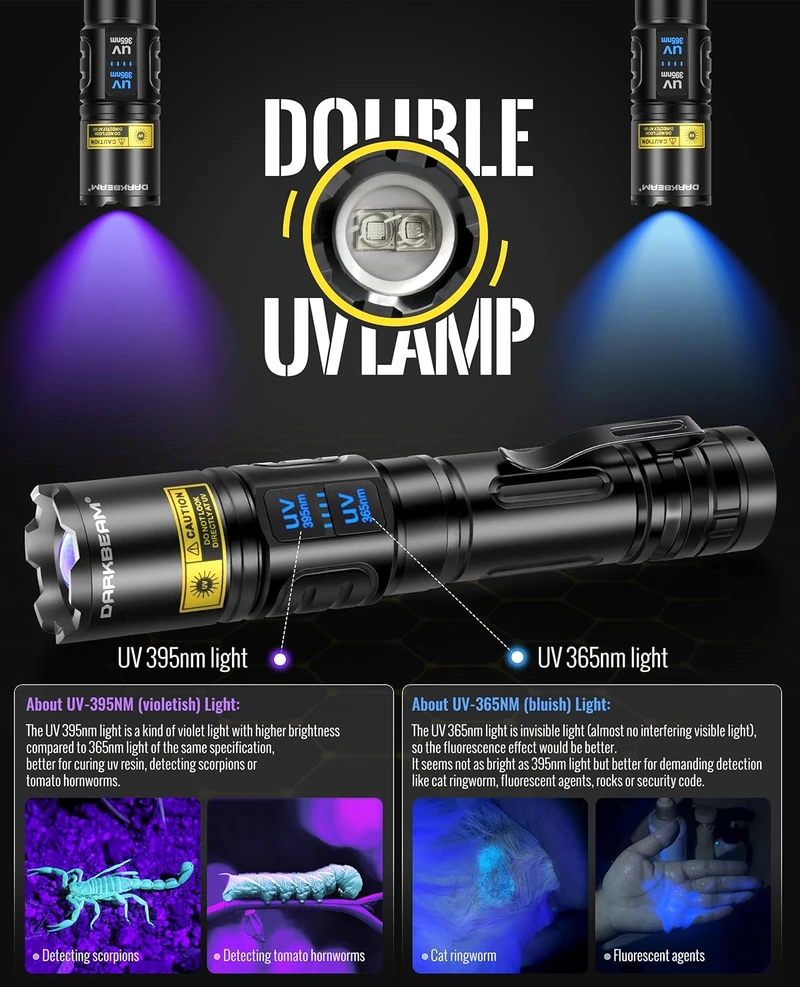 DARKBEAM dviguba UV LED žibintuvėlis 365nm ir 395nm, įkraunamas, 10 W, IPX4, A900