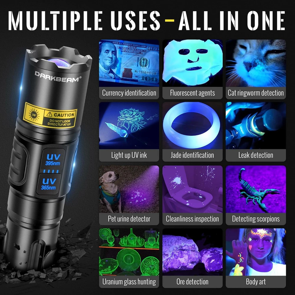 DARKBEAM dviguba UV LED žibintuvėlis 365nm ir 395nm, įkraunamas, 10 W, IPX4, A900