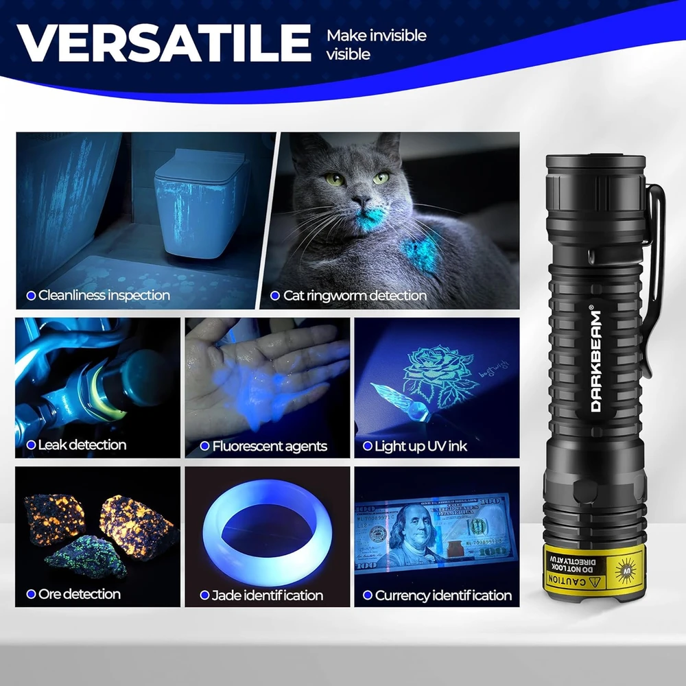 DARKBEAM UV LED žibintuvėlis 365nm, 10 W, USB-C, filtruota šviesa, įkraunamas, V82