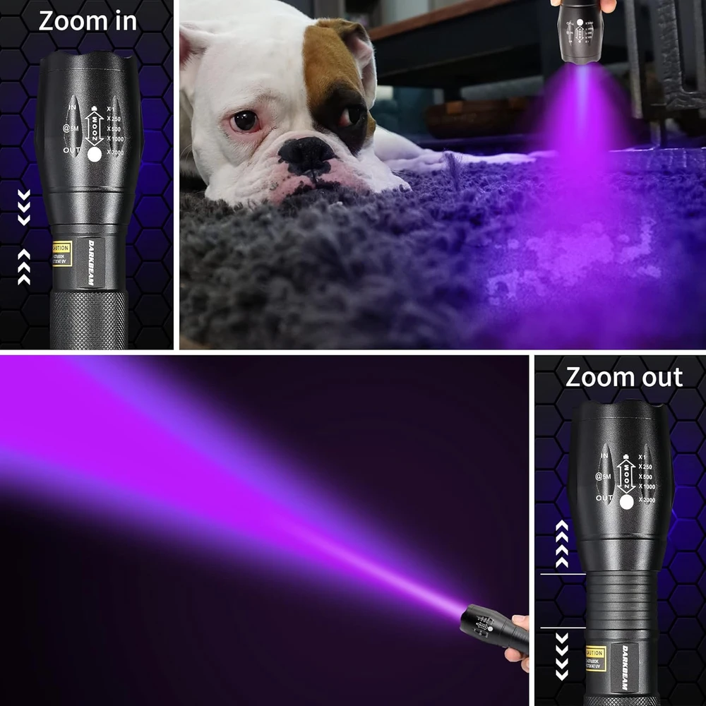 DARKBEAM UV žibintuvėlis 365 nm ir 395 nm, reguliuojamas, vandeniui atsparus, LED, A100