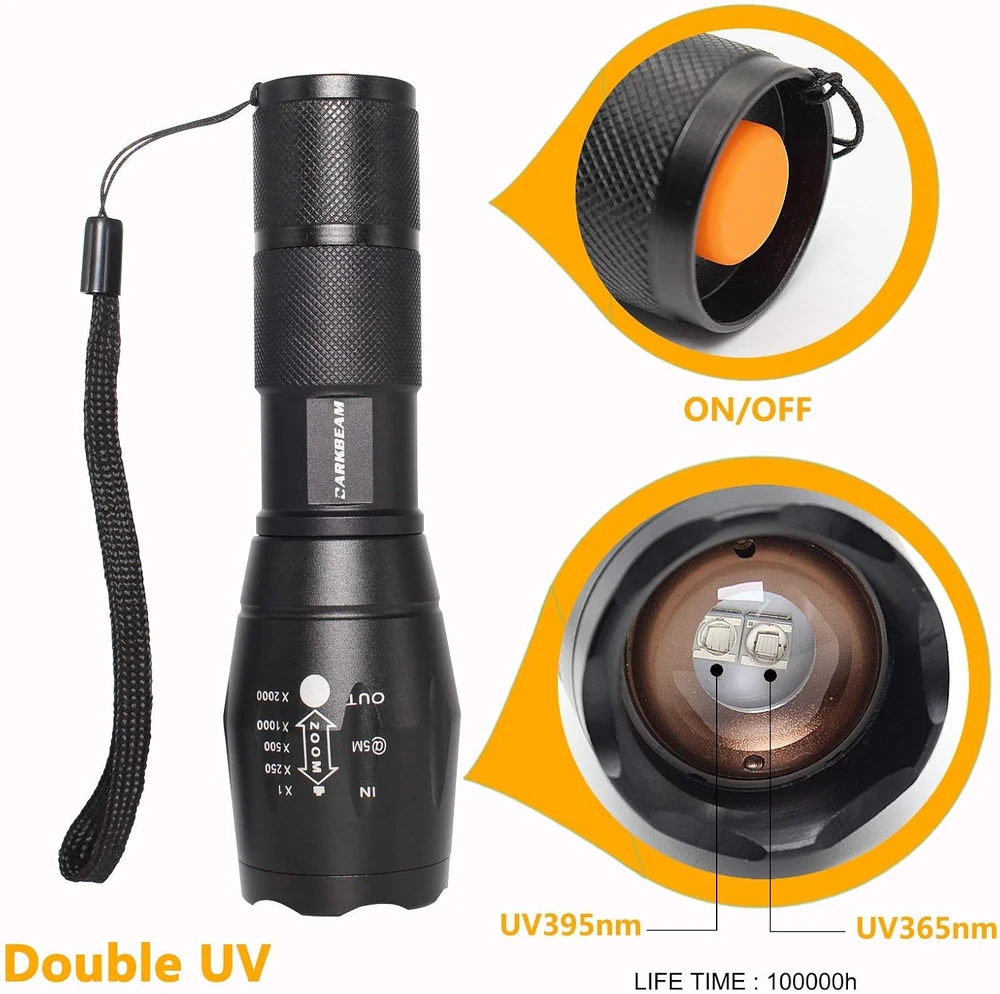 DARKBEAM UV žibintuvėlis 365 nm ir 395 nm, reguliuojamas, vandeniui atsparus, LED, A100