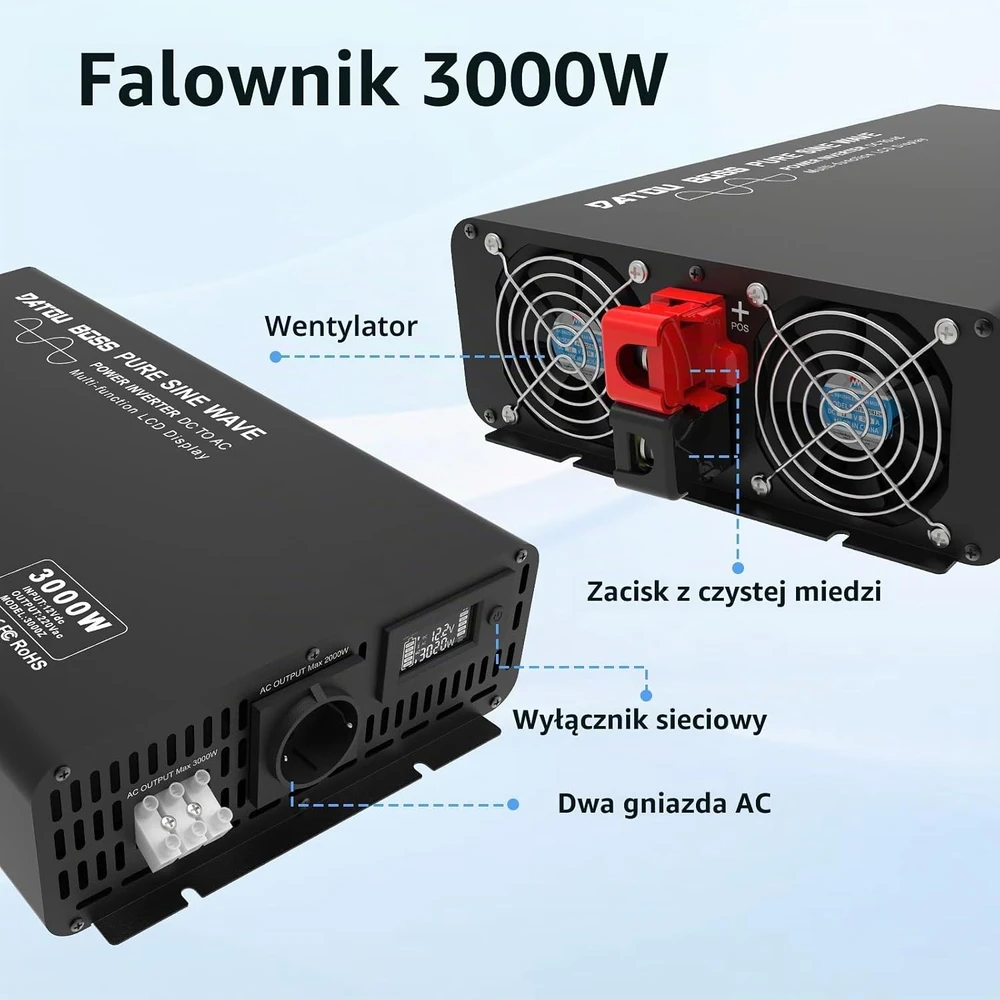DATOUBOSS automobilinis grynosios sinusoidės įtampos keitiklis 12 V į 230 V, 3000 W, 12V 3000W EU