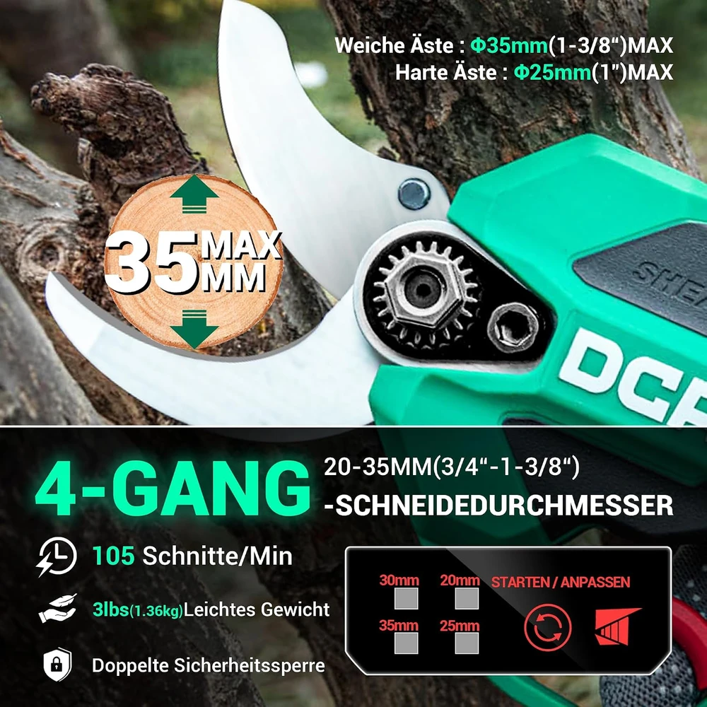 DCA akumuliatorinės sodo žirklės šakoms 20 V, iki 35 mm, ADYD02-35(ADW-EU01)
