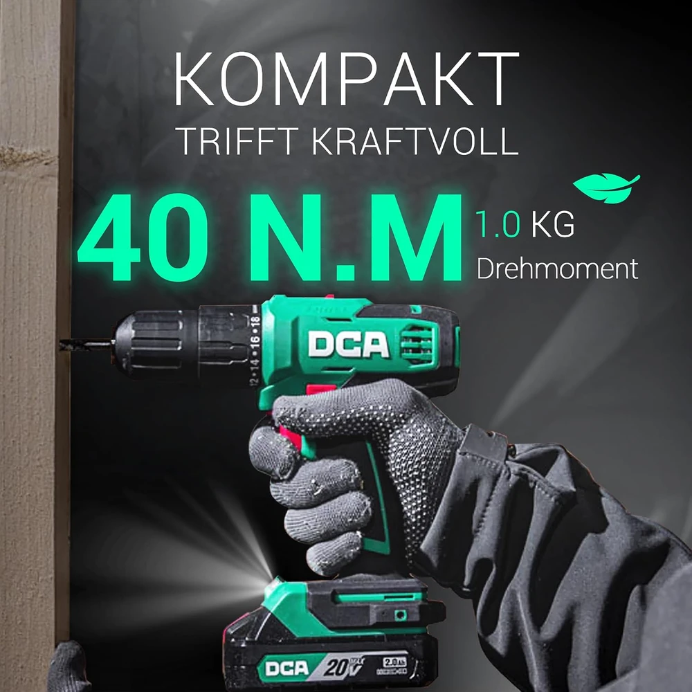 DCA smūginis akumuliatorinis gręžtuvas-suktuvas 20 V, 40 Nm, 13 mm ADJZ2035i13(ADW-DE01)