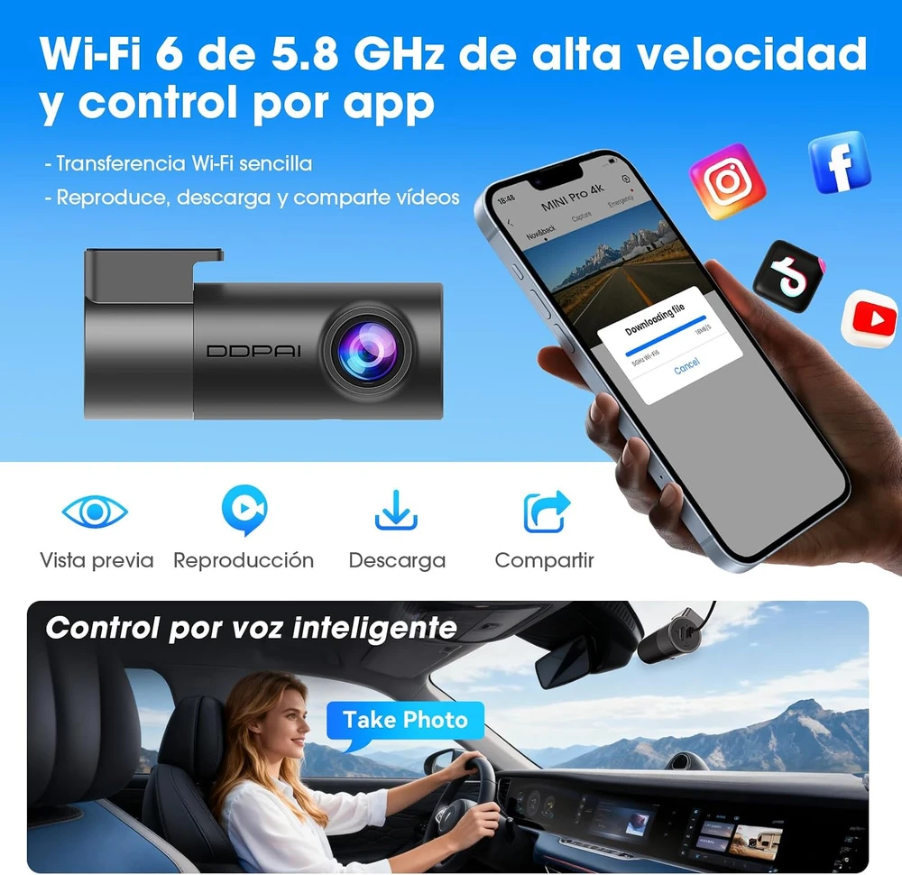 ddpai automobilinė kamera MINI Pro 4K su 64 GB kortele, Wi-Fi 6 ir 360° objektyvu