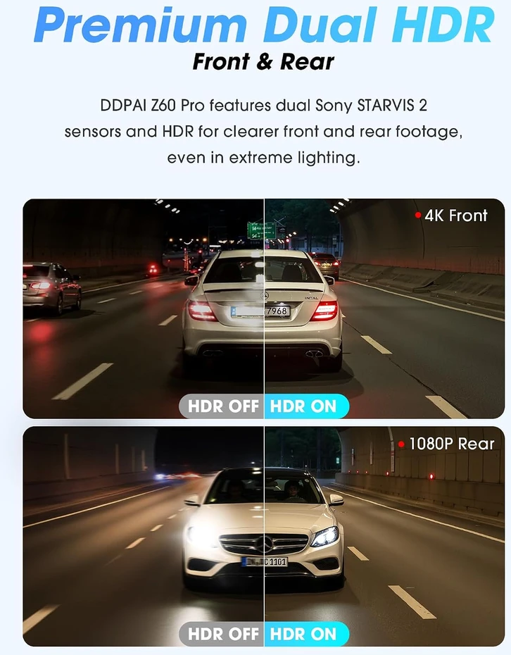 DDPAI automobilinis vaizdo registratorius Z60 Pro, 4K + 1080p, STARVIS 2, Wi-Fi, GPS