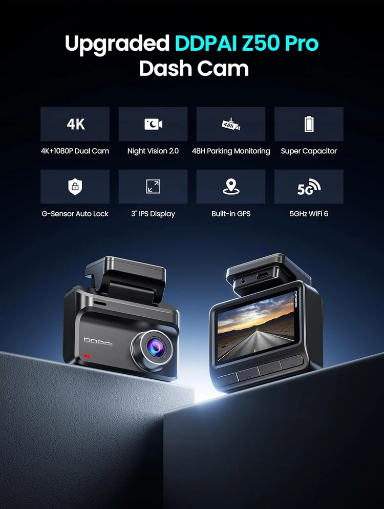 ddpai automobilinis vaizdo registratorius Z50 Pro 4K + 1080p su GPS ir Wi-Fi 6