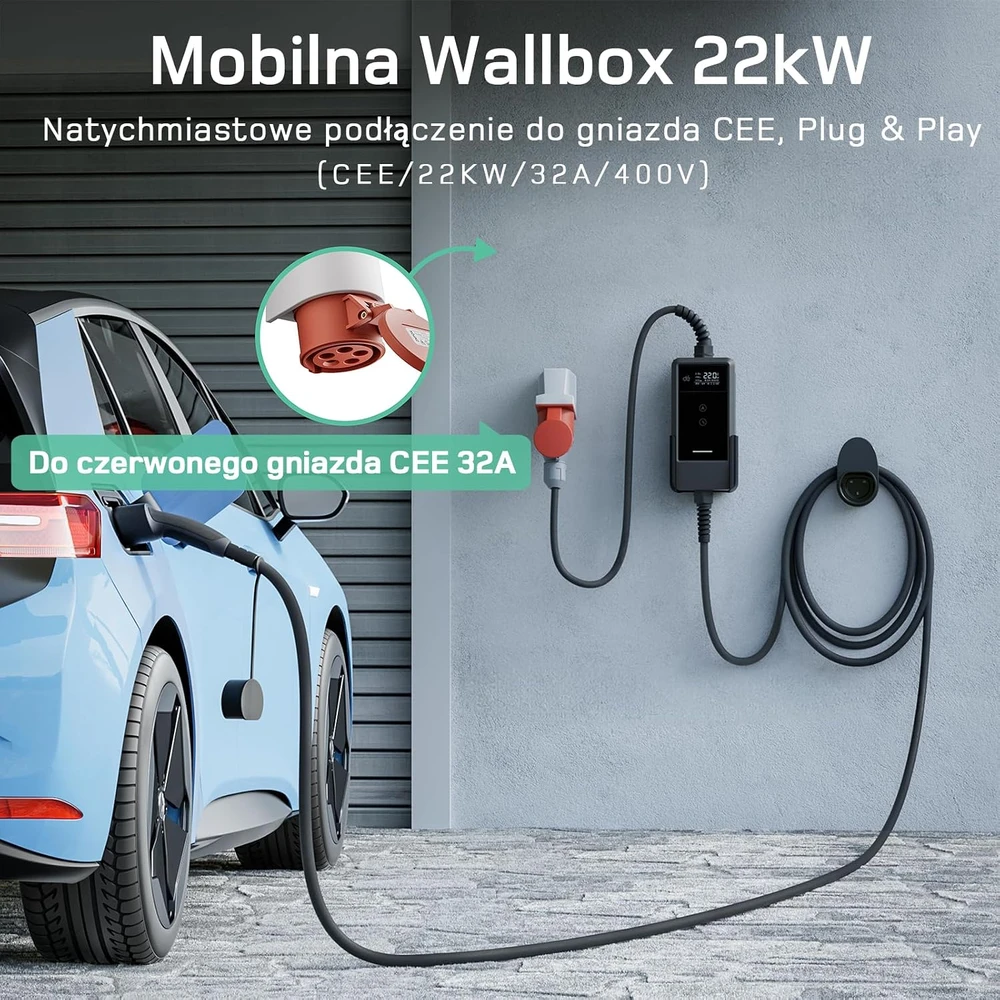 Deaccessories dé 22kW nešiojamas įkroviklis su 7m laidu (PROGRAMĖLĖS VERSIJA)