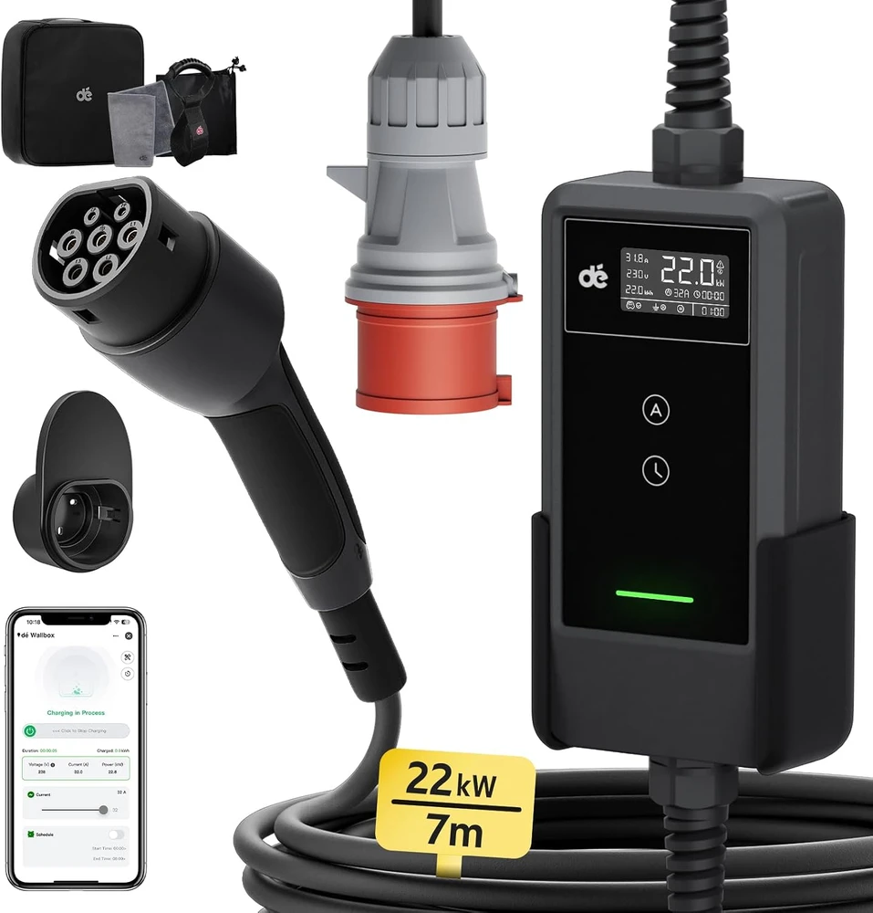 Deaccessories dé 22kW nešiojamas įkroviklis su 7m laidu (PROGRAMĖLĖS VERSIJA)