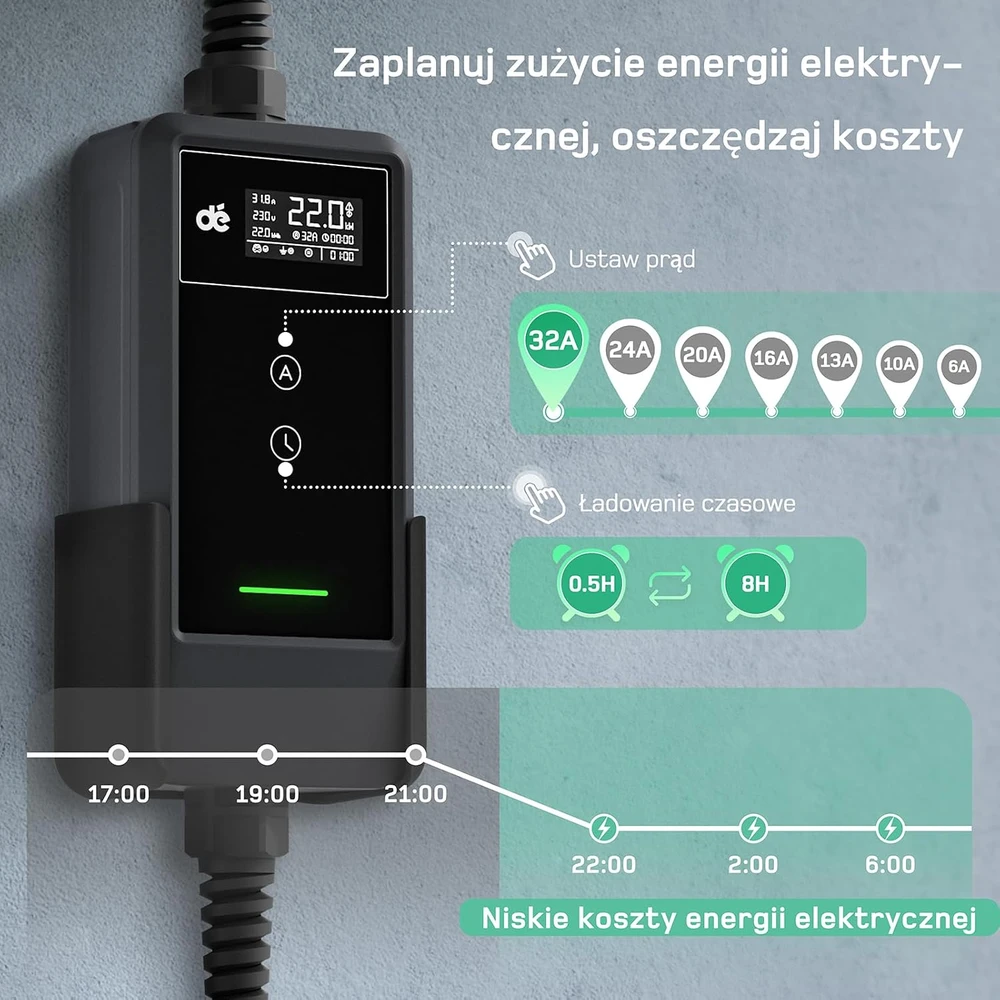 Deaccessories dé 22kW nešiojamas įkroviklis su 7m laidu (PROGRAMĖLĖS VERSIJA)
