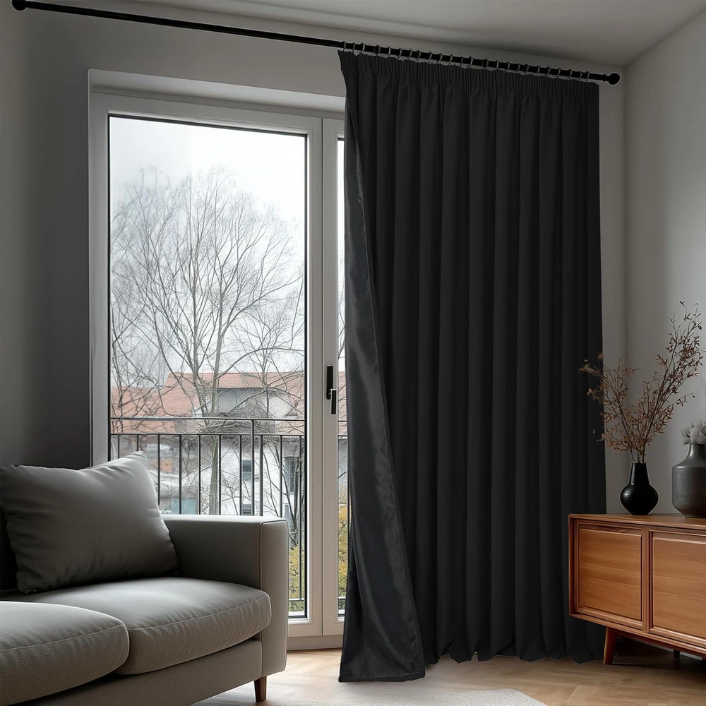 Deconovo juodos 100% užtamsinančios užuolaidos su susiuvimo juostele, 140 × 200 cm, 2 vnt., poliesteris