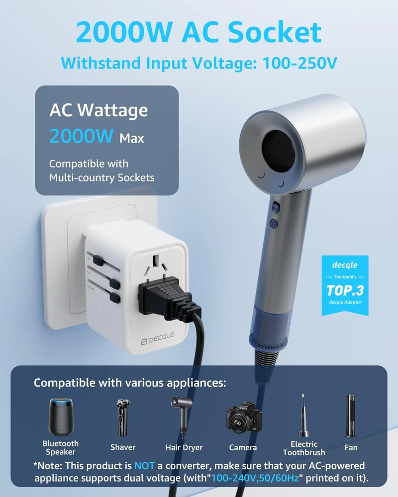 decqle universalus kelioninis maitinimo adapteris su 2 USB-C PD 20 W ir USB-A, DQZ9
