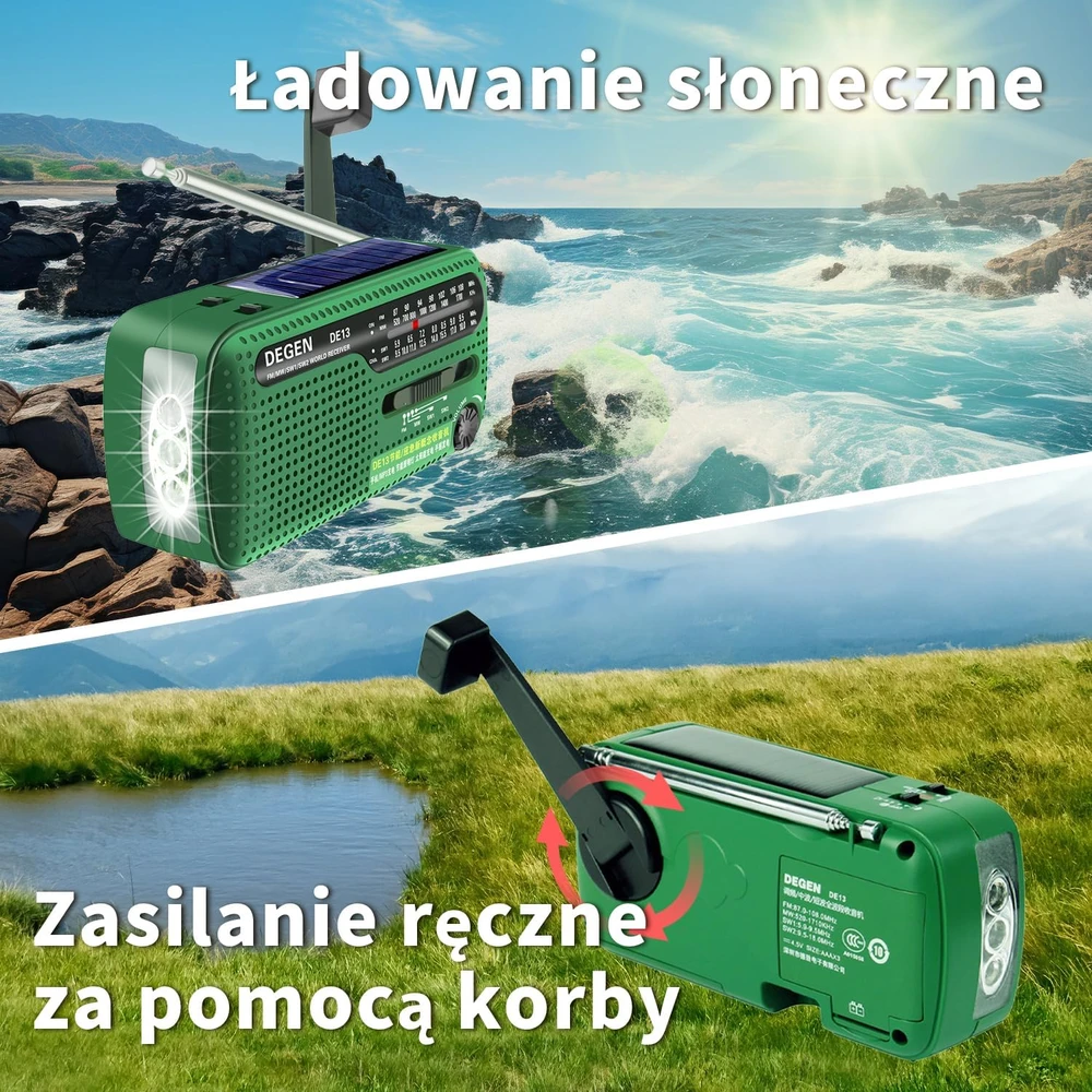 DEGEN nešiojamas avarinis radijas su saulės įkrovimu, FM/AM/SW, žibintuvėlis, avarinis įkroviklis DE13