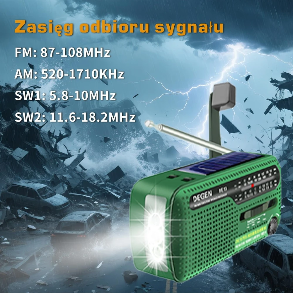 DEGEN nešiojamas avarinis radijas su saulės įkrovimu, FM/AM/SW, žibintuvėlis, avarinis įkroviklis DE13