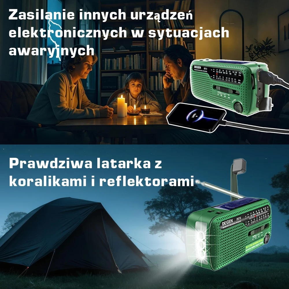 DEGEN nešiojamas avarinis radijas su saulės įkrovimu, FM/AM/SW, žibintuvėlis, avarinis įkroviklis DE13