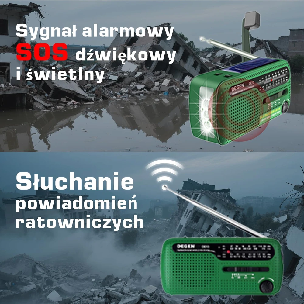 DEGEN nešiojamas avarinis radijas su saulės įkrovimu, FM/AM/SW, žibintuvėlis, avarinis įkroviklis DE13