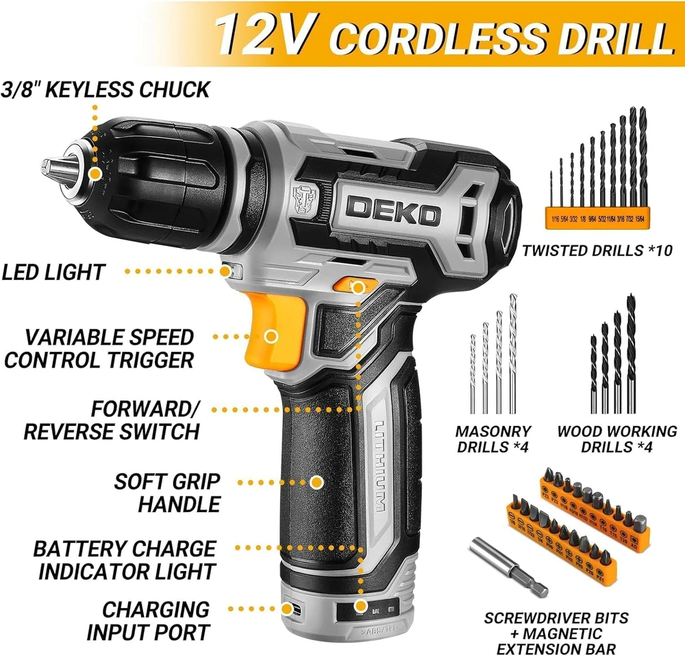 DEKO akumuliatorinių įrankių rinkinys su 12 V suktuvu ir 133 priedais DKMT133-new