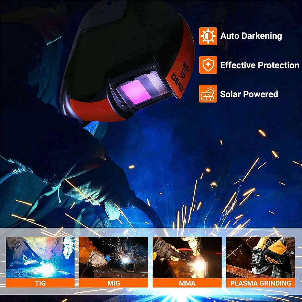 DEKO automatinis suvirinimo skydelis True-Color su saulės energija ARC MMA MIG TIG, DIN 4/9-13, optinė klasė 1/2/1/2