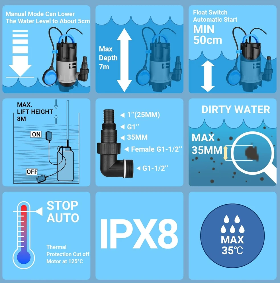 DEKO giluminis siurblys 750 W, 14000 l/val., maksimalus pakėlimo aukštis 5 m, CSP750D