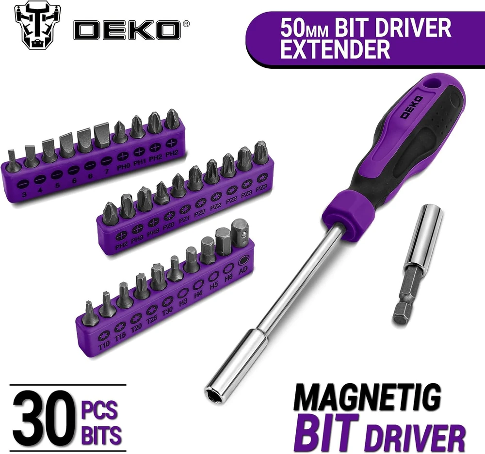 DEKO įrankių rinkinys namams ir automobiliui, 62 vnt., plastikinis dėklas, violetinis, DKMT62-VT