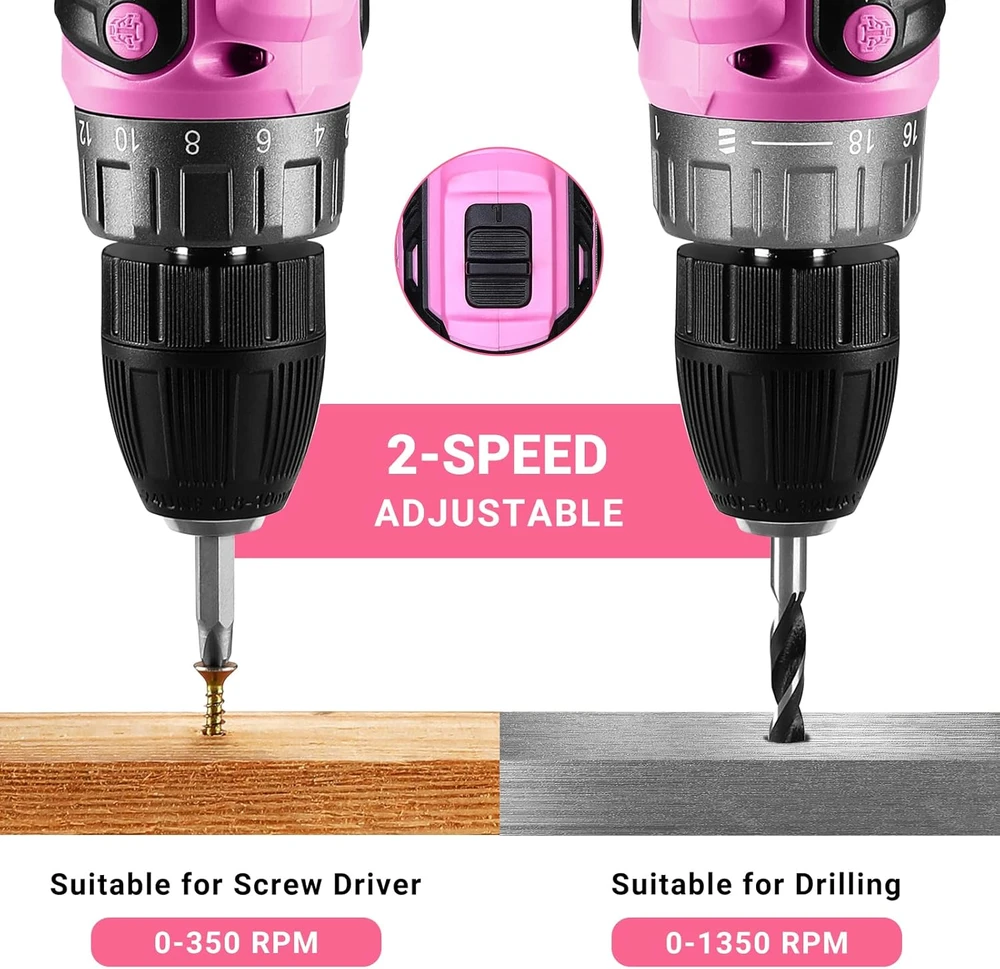 DEKOPRO akumuliatorinė gręžtuvas-vairuoklis 20 V, 2 baterijos, LED, 40 Nm, 2 greičių, rožinė