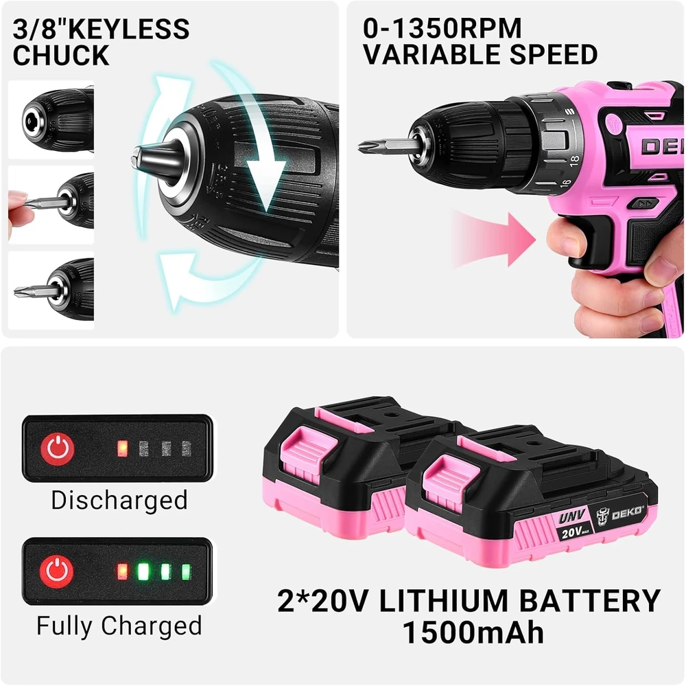 DEKOPRO akumuliatorinė gręžtuvas-vairuoklis 20 V, 2 baterijos, LED, 40 Nm, 2 greičių, rožinė