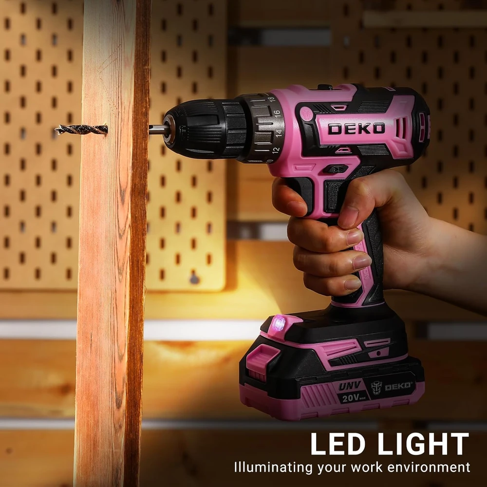 DEKOPRO akumuliatorinė gręžtuvas-vairuoklis 20 V, 2 baterijos, LED, 40 Nm, 2 greičių, rožinė
