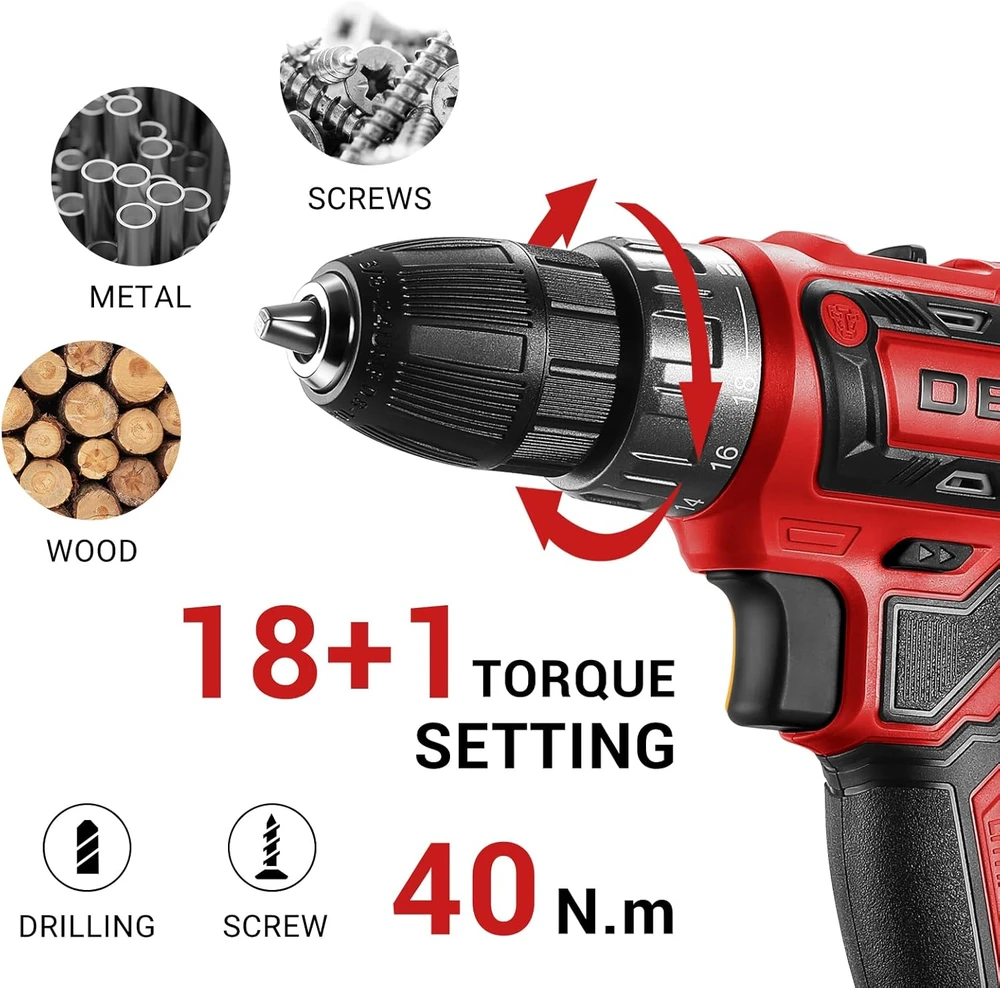 DEKOPRO akumuliatorinio gręžtuvo-suktuvo rinkinys 20 V, 1,5 Ah, 40 Nm, su priedais, DKCD20XL02R-AZ01-EUGS