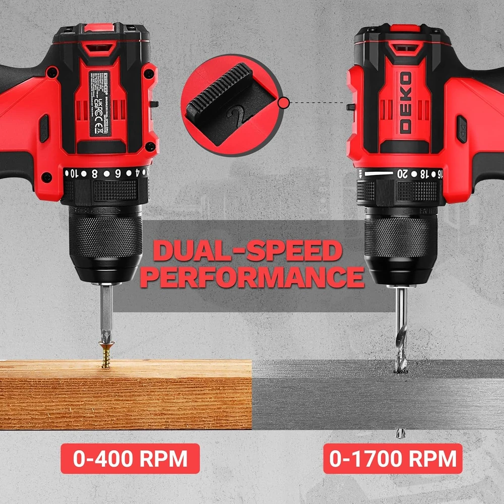 DEKOPRO akumuliatorinis gręžtuvas ir smūginis suktuvas 20 V, 400 W, 2 x 2,0 Ah baterijos, DKMLTK0008