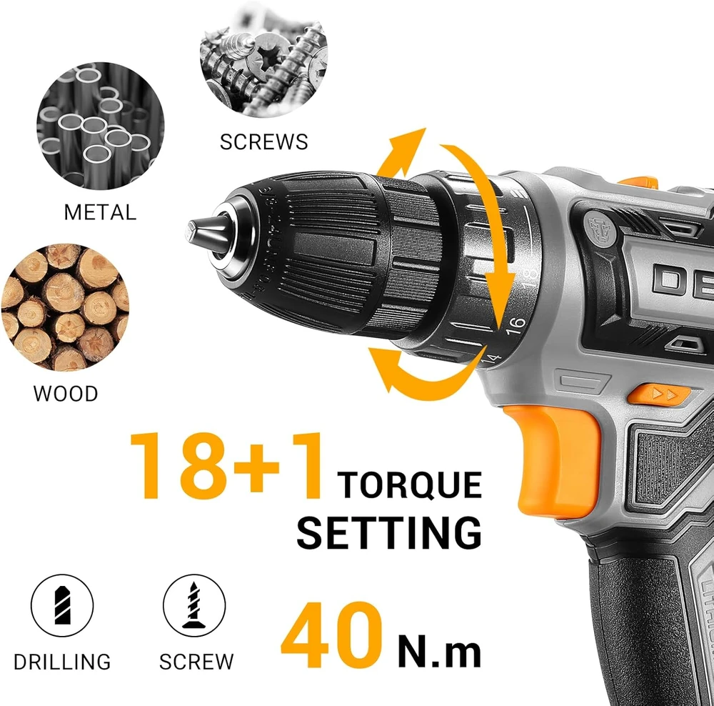 DEKOPRO akumuliatorinis smūginis gręžtuvas 20 V, 40 Nm, 2 greičiai, LED, su 2 baterijomis