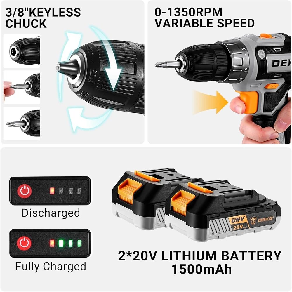 DEKOPRO akumuliatorinis smūginis gręžtuvas 20 V, 40 Nm, 2 greičiai, LED, su 2 baterijomis