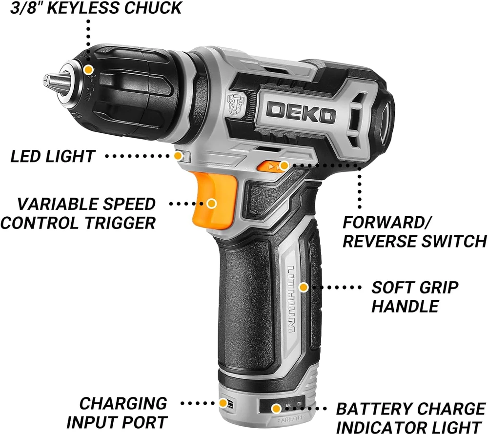 DEKOPRO akumuliatorinis suktuvas 12 V 800rpm komplektas su priedais DKCD12XL02G-S2