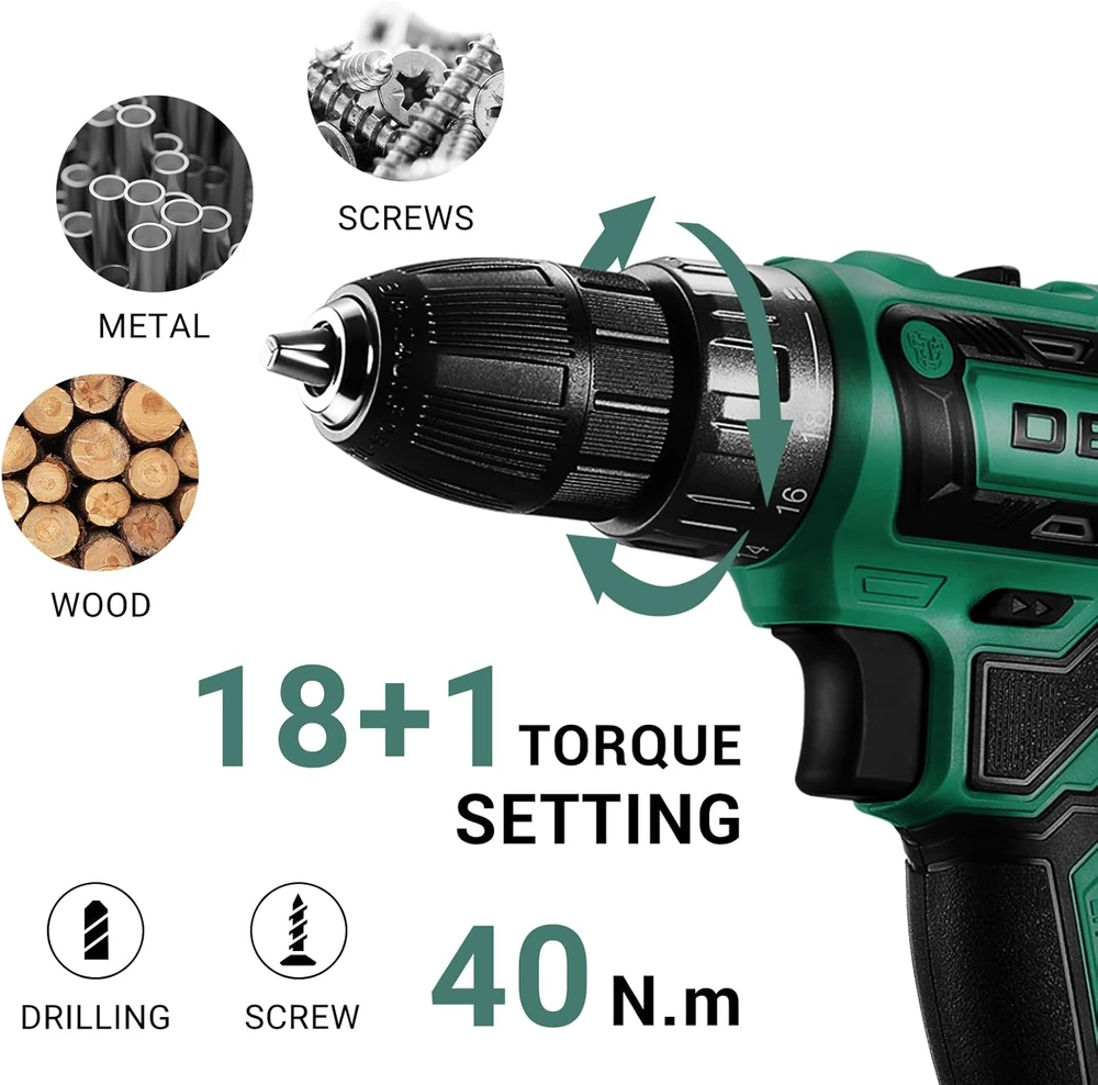DEKOPRO akumuliatorinis suktuvas-gręžtuvas 20 V, 1,5 Ah, 1350 aps./min., su priedų rinkiniu, DKCD20XL02 l-AZ01-GS