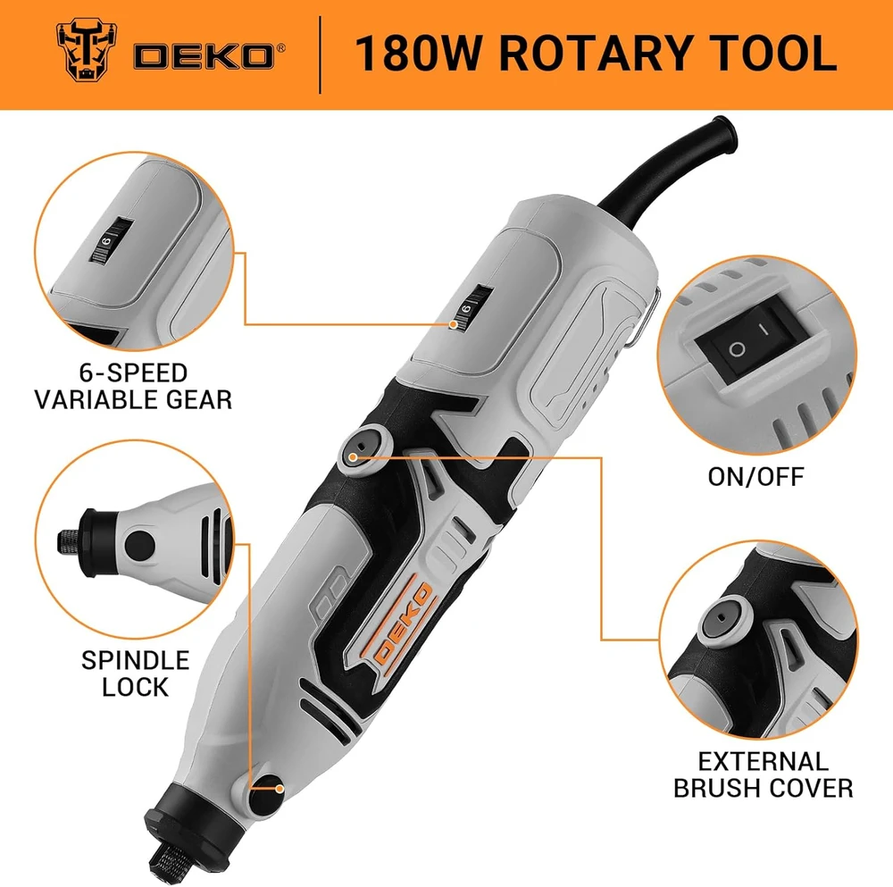 DEKOPRO daugiafunkcis mini rotacinis įrankis 170 W su 127 priedų rinkiniu, 8000-35000 aps./min, kintamas greitis, DKPSRT0001
