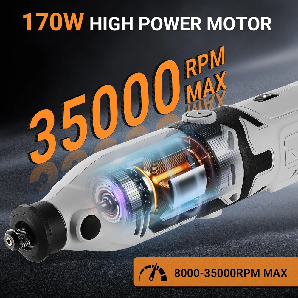 DEKOPRO daugiafunkcis mini rotacinis įrankis 170 W su 127 priedų rinkiniu, 8000-35000 aps./min, kintamas greitis, DKPSRT0001