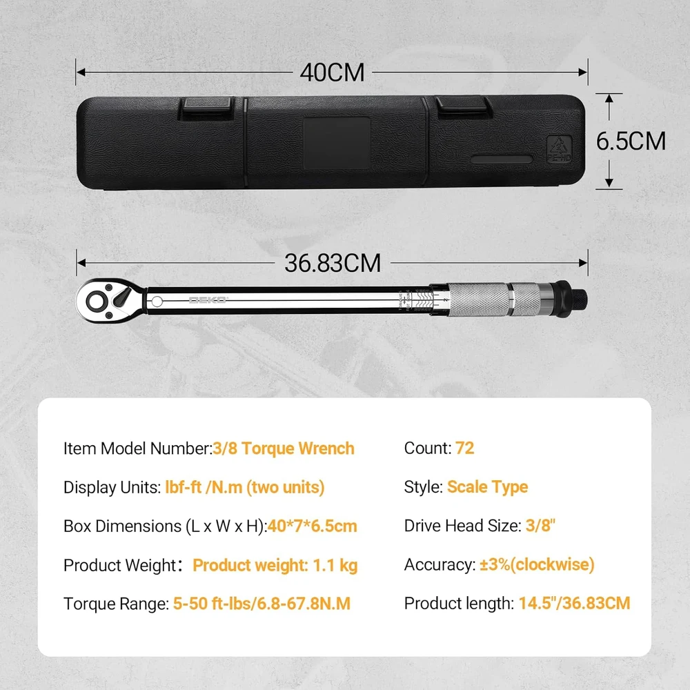 DEKOPRO dinamometrinis raktas 3/8", 6,8–67,8 Nm, nerūdijančio plieno, 72 dantų, ±3% tikslumas, 37 cm, DKHWTW0002