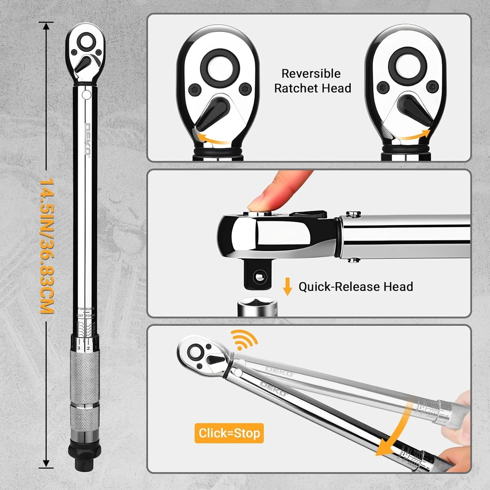 DEKOPRO dinamometrinis raktas 3/8", 6,8–67,8 Nm, nerūdijančio plieno, 72 dantų, ±3% tikslumas, 37 cm, DKHWTW0002