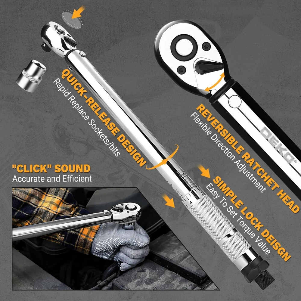 DEKOPRO dinamometrinis raktas 3/8", 6,8–67,8 Nm, nerūdijančio plieno, 72 dantų, ±3% tikslumas, 37 cm, DKHWTW0002