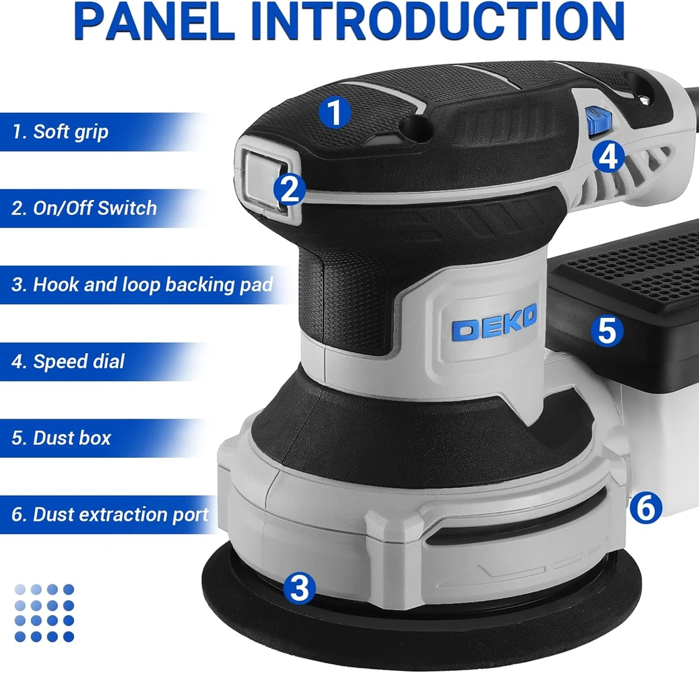 DEKOPRO ekscentrinė šlifavimo mašina 125 mm, 300 W, 6 greičiai, su dulkių siurbimu