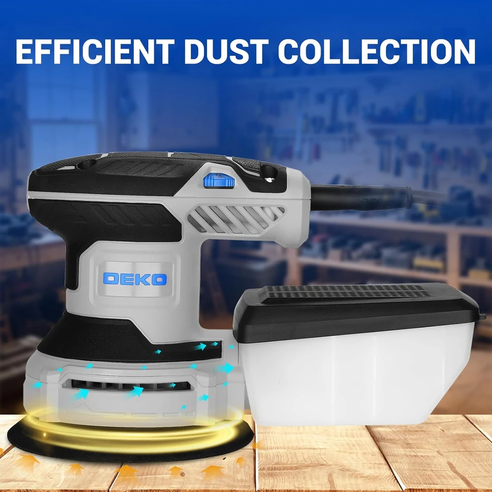DEKOPRO ekscentrinė šlifavimo mašina 125 mm, 300 W, 6 greičiai, su dulkių siurbimu