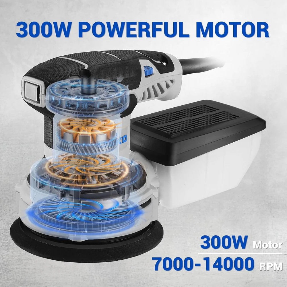 DEKOPRO ekscentrinė šlifavimo mašina 125 mm, 300 W, 6 greičiai, su dulkių siurbimu